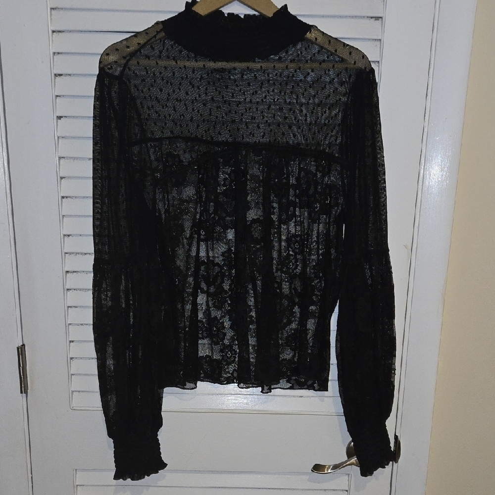 NWOT Forever 21 Sheer Black Swiss Dot Floral Lace Blouse